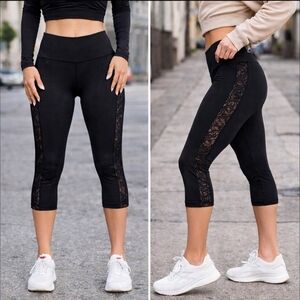 Onzie Black Lace Panel High Rise Leggings | Yoga Gym Activewear Crop Capri